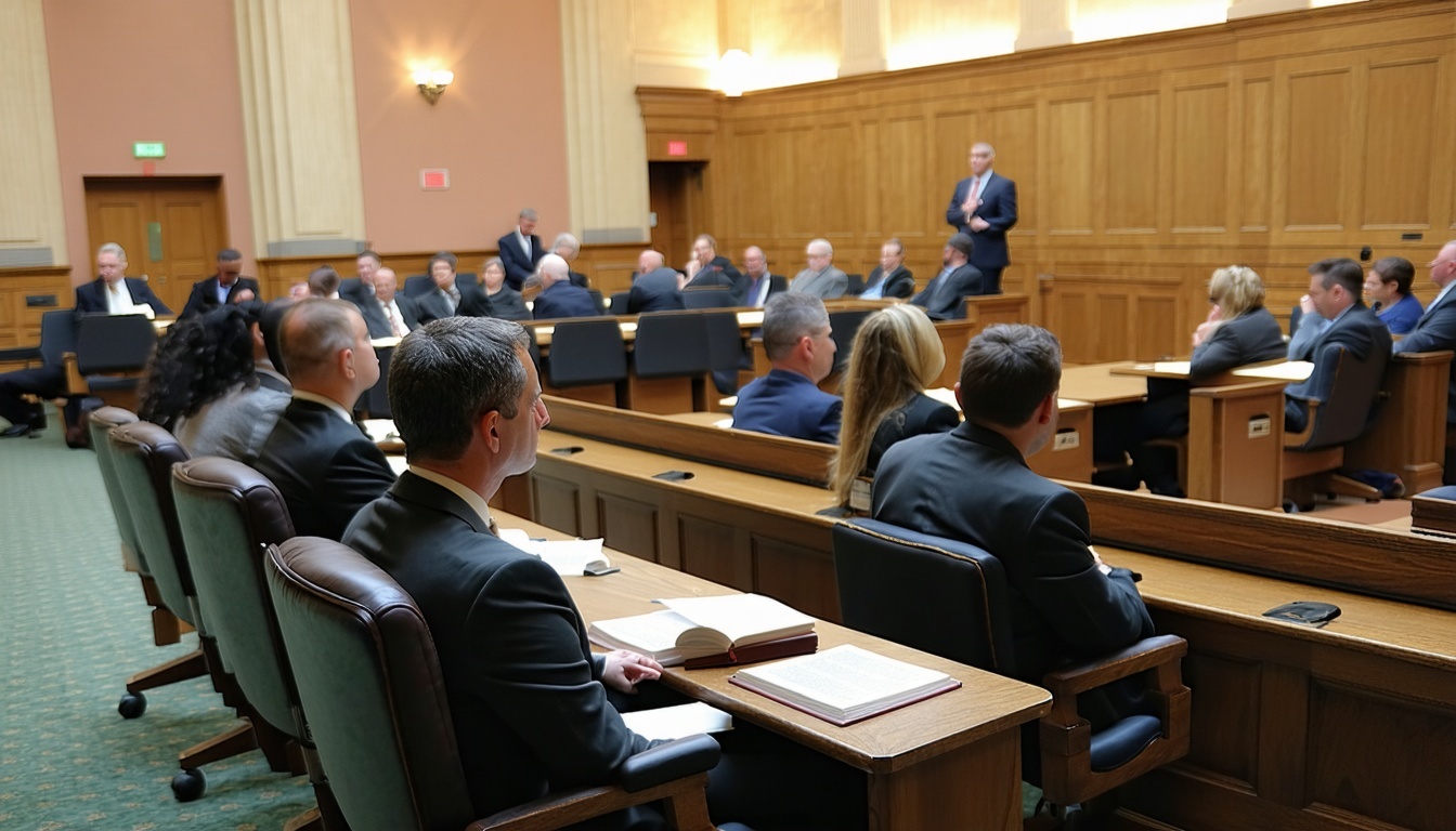 A courtroom scene with jurors attentively listenin A courtroom scene with jurors attentively listenin