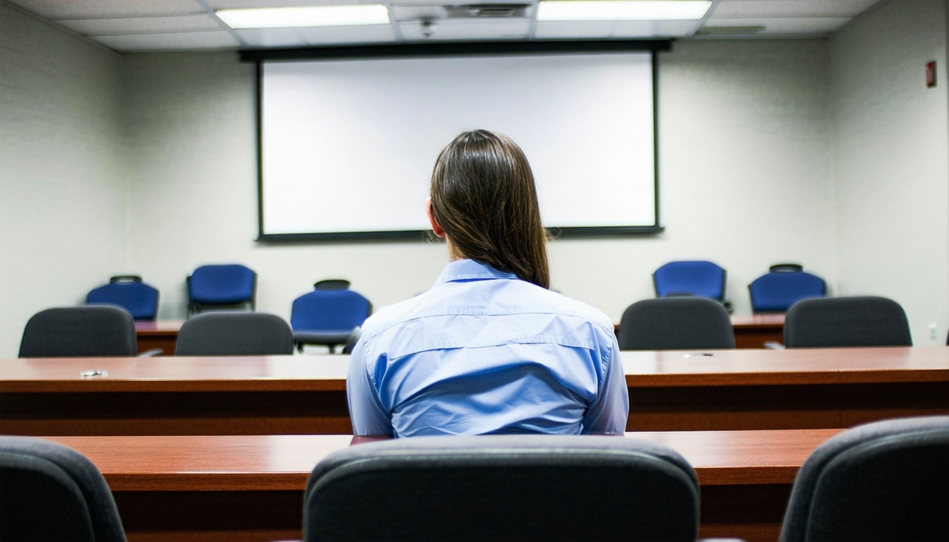 A person sitting in a police interview room, empha